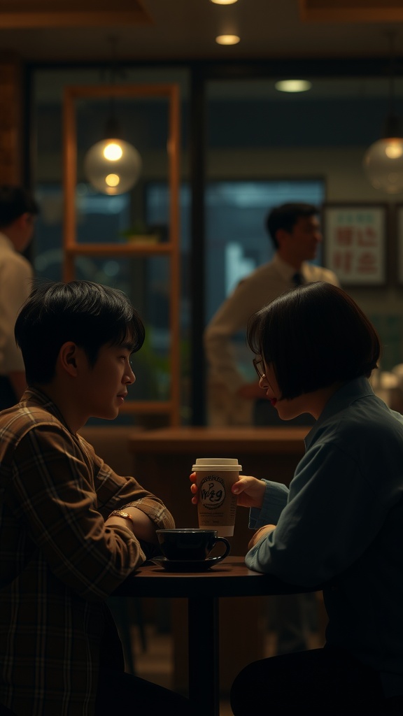 A tense moment between two lead characters in a coffee shop from the series 